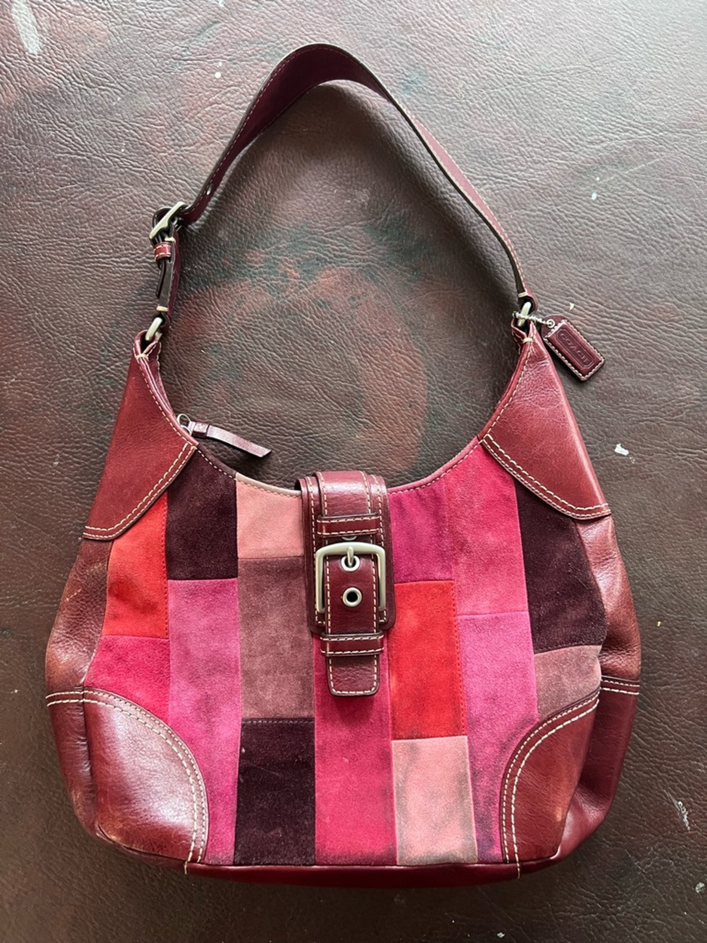COACH Hampton Mosaic Wine Leather & Berry Suede Patchwork Top Zipper Hobo Bag